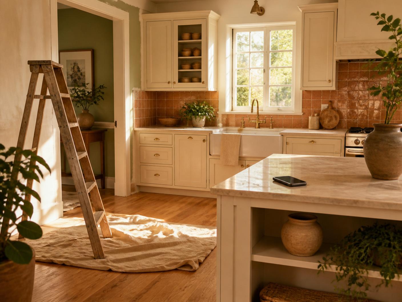 Sunlit kitchen renovation in progress with a ladder and drop cloth